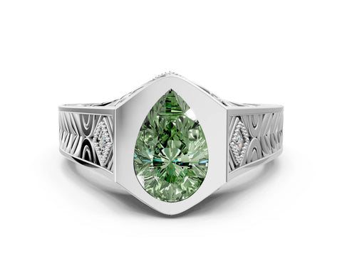 Silver Hexagonal Bezel Fancy Green Pear Cut Diamond Engraved Band Prong Ring_6