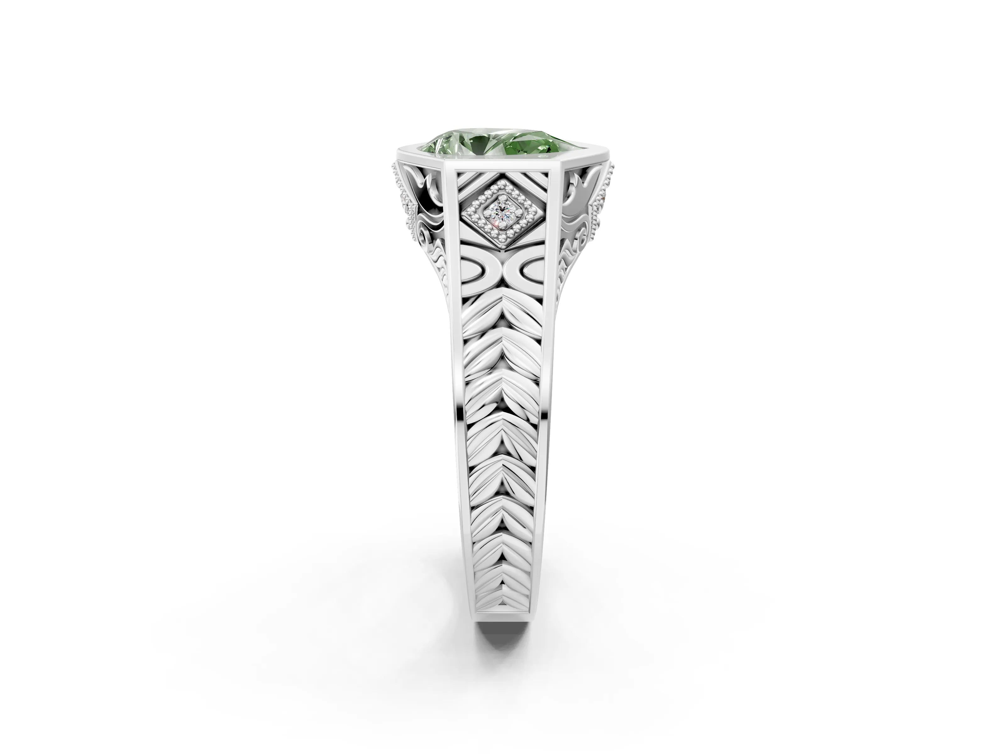 Silver Hexagonal Bezel Fancy Green Pear Cut Diamond Engraved Band Prong Ring_8
