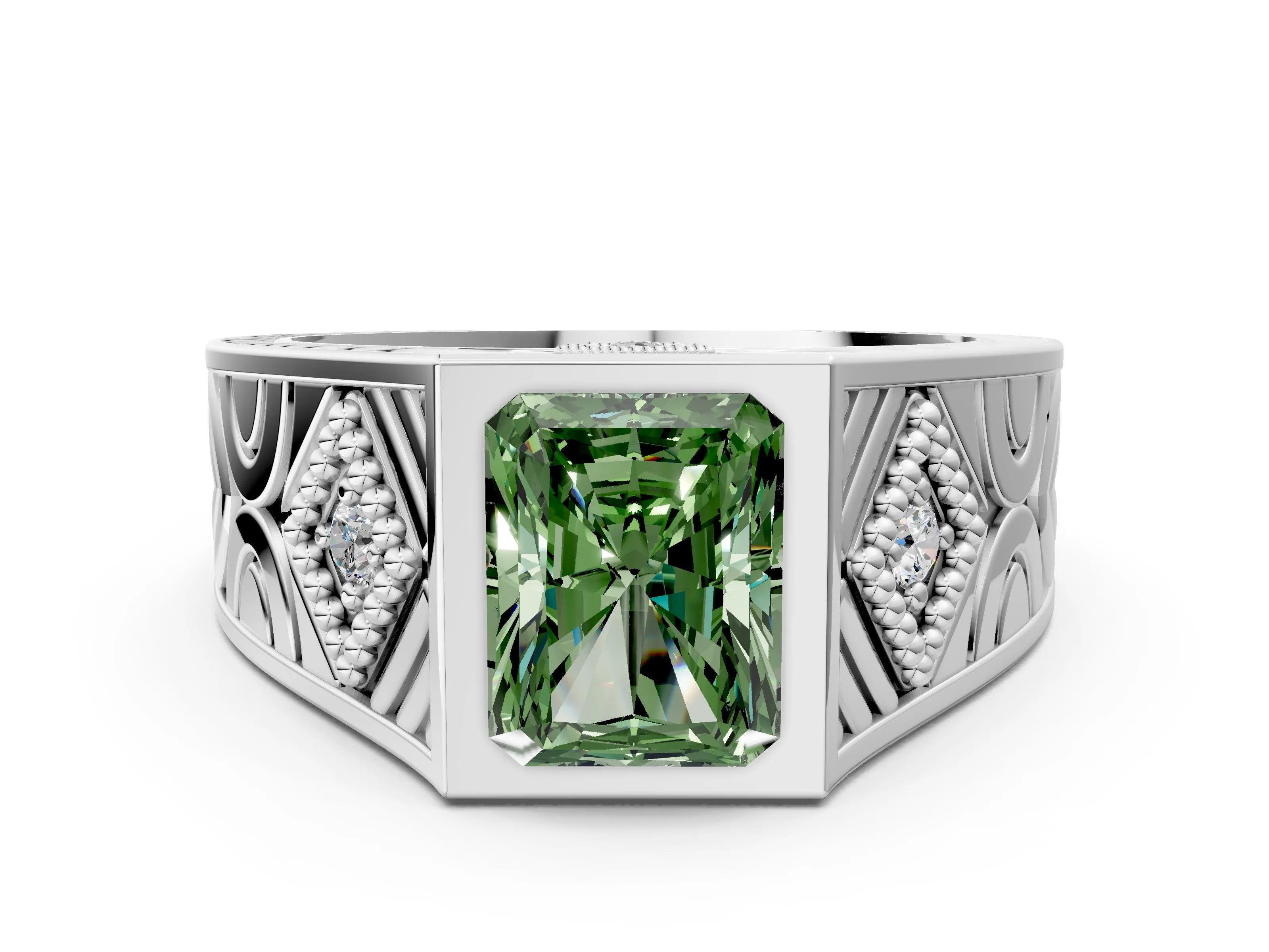 Silver Hexagonal Bezel Fancy Green Radiant Cut Diamond Engraved Band Prong Ring_12