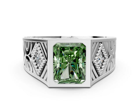 Silver Hexagonal Bezel Fancy Green Radiant Cut Diamond Engraved Band Prong Ring_12