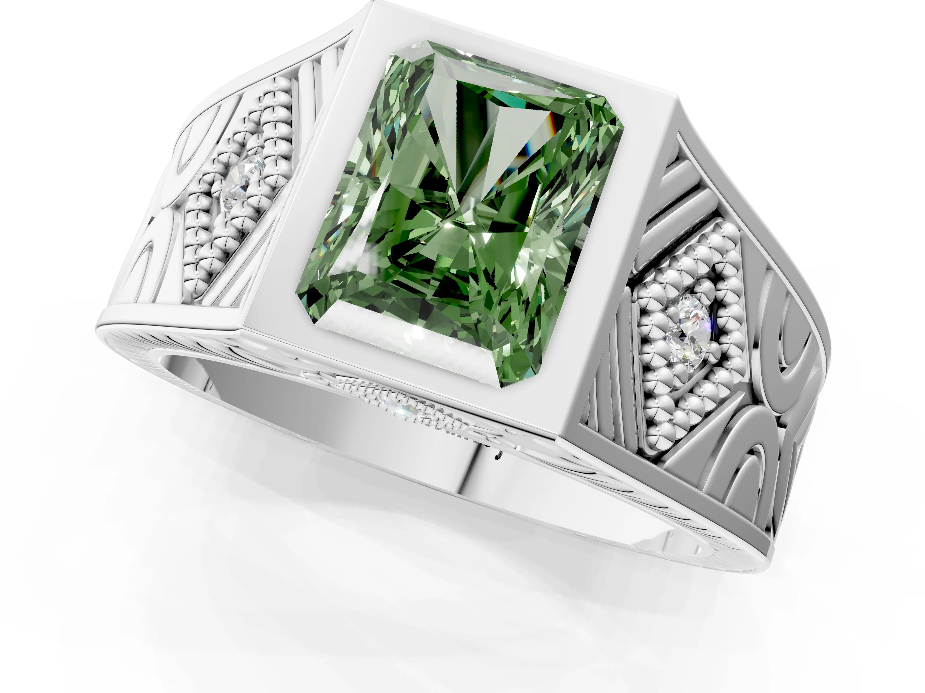 Silver Hexagonal Bezel Fancy Green Radiant Cut Diamond Engraved Band Prong Ring_13
