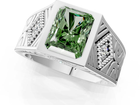 Silver Hexagonal Bezel Fancy Green Radiant Cut Diamond Engraved Band Prong Ring_13