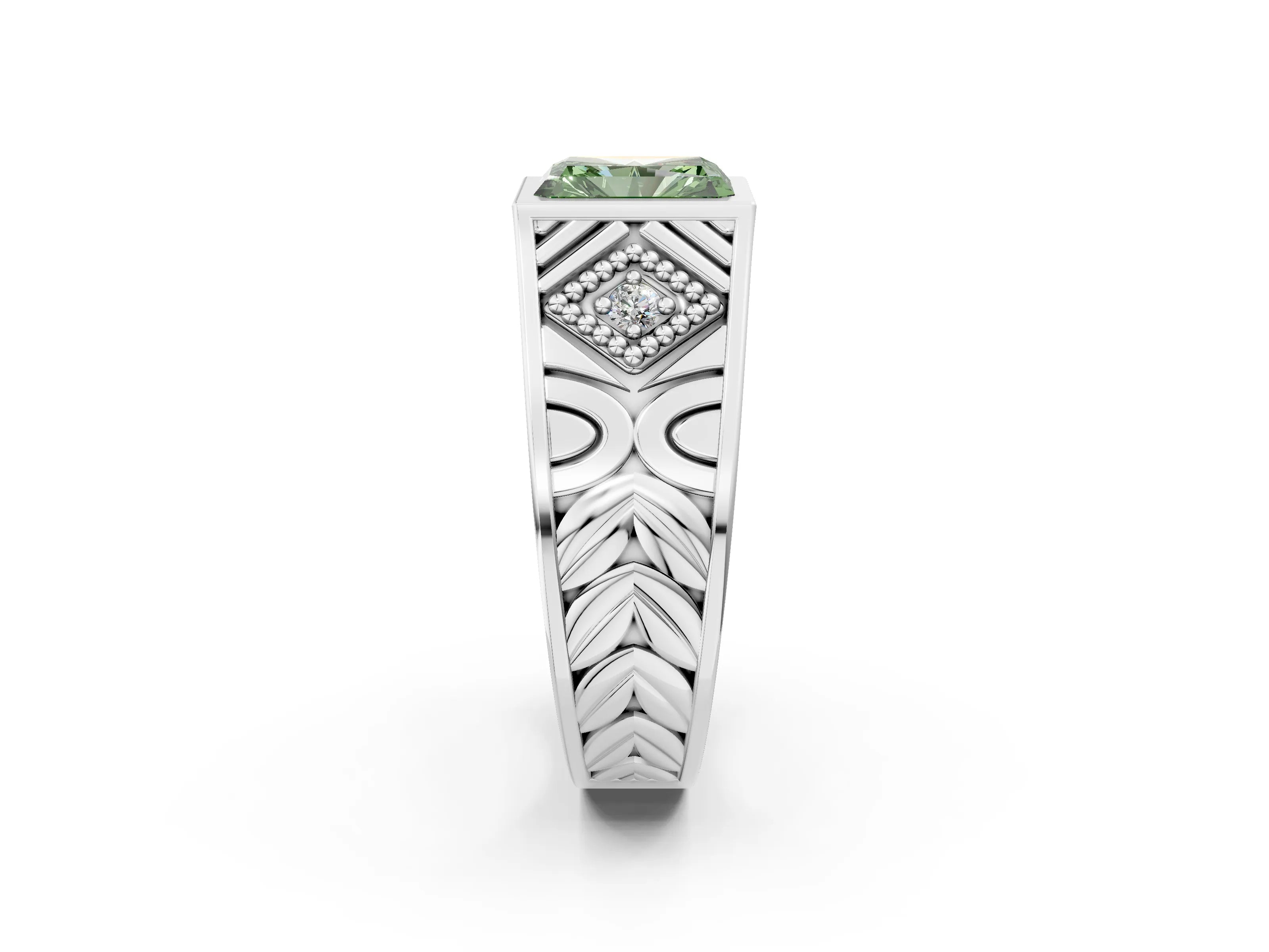 Silver Hexagonal Bezel Fancy Green Radiant Cut Diamond Engraved Band Prong Ring_14