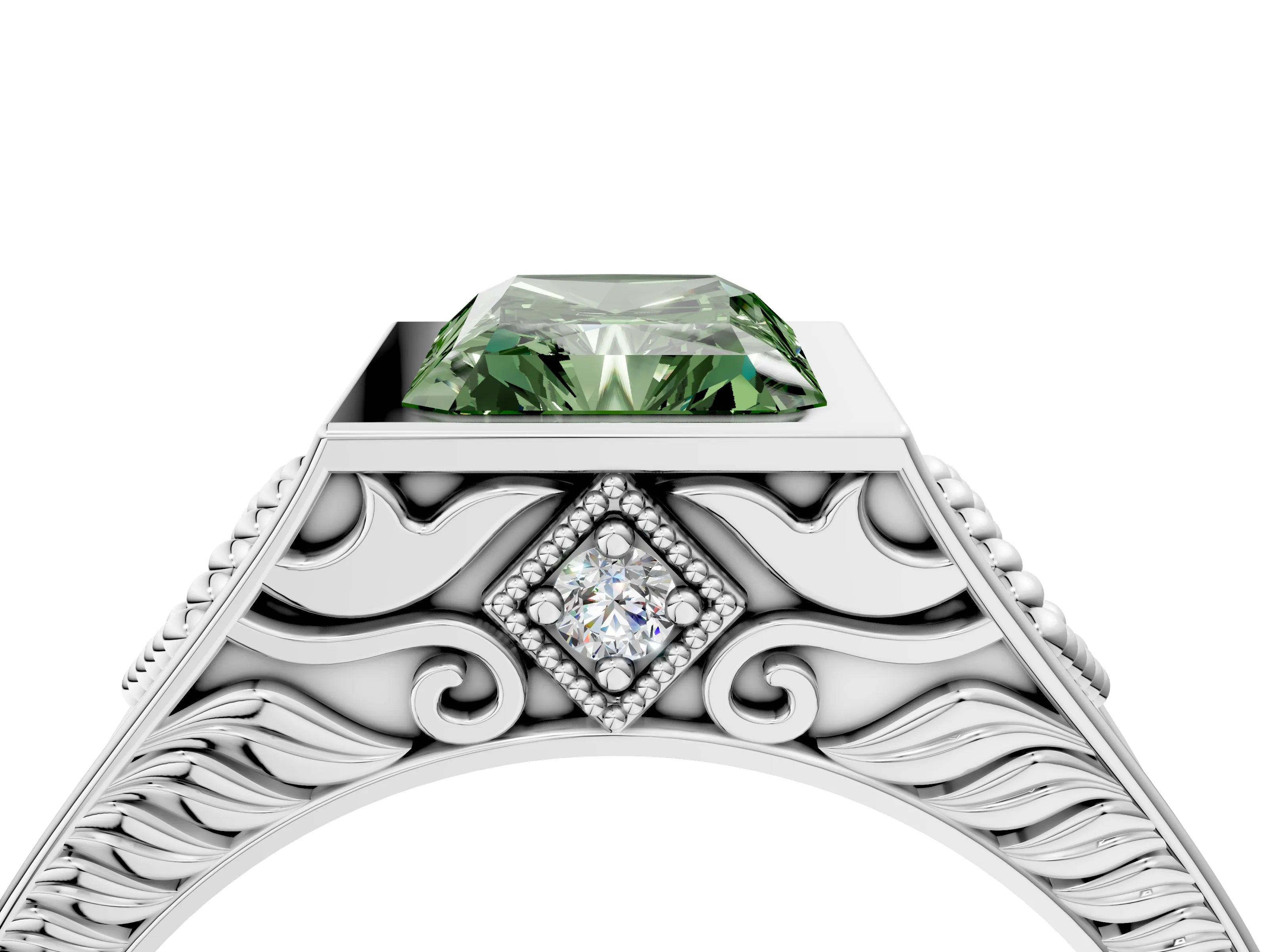Silver Hexagonal Bezel Fancy Green Radiant Cut Diamond Engraved Band Prong Ring_16