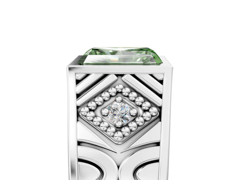 Silver Hexagonal Bezel Fancy Green Radiant Cut Diamond Engraved Band Prong Ring_17