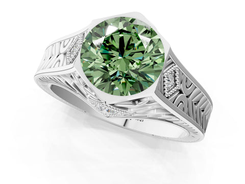 Silver Hexagonal Bezel Fancy Green Round Cut Diamond Engraved Band Prong Ring_13