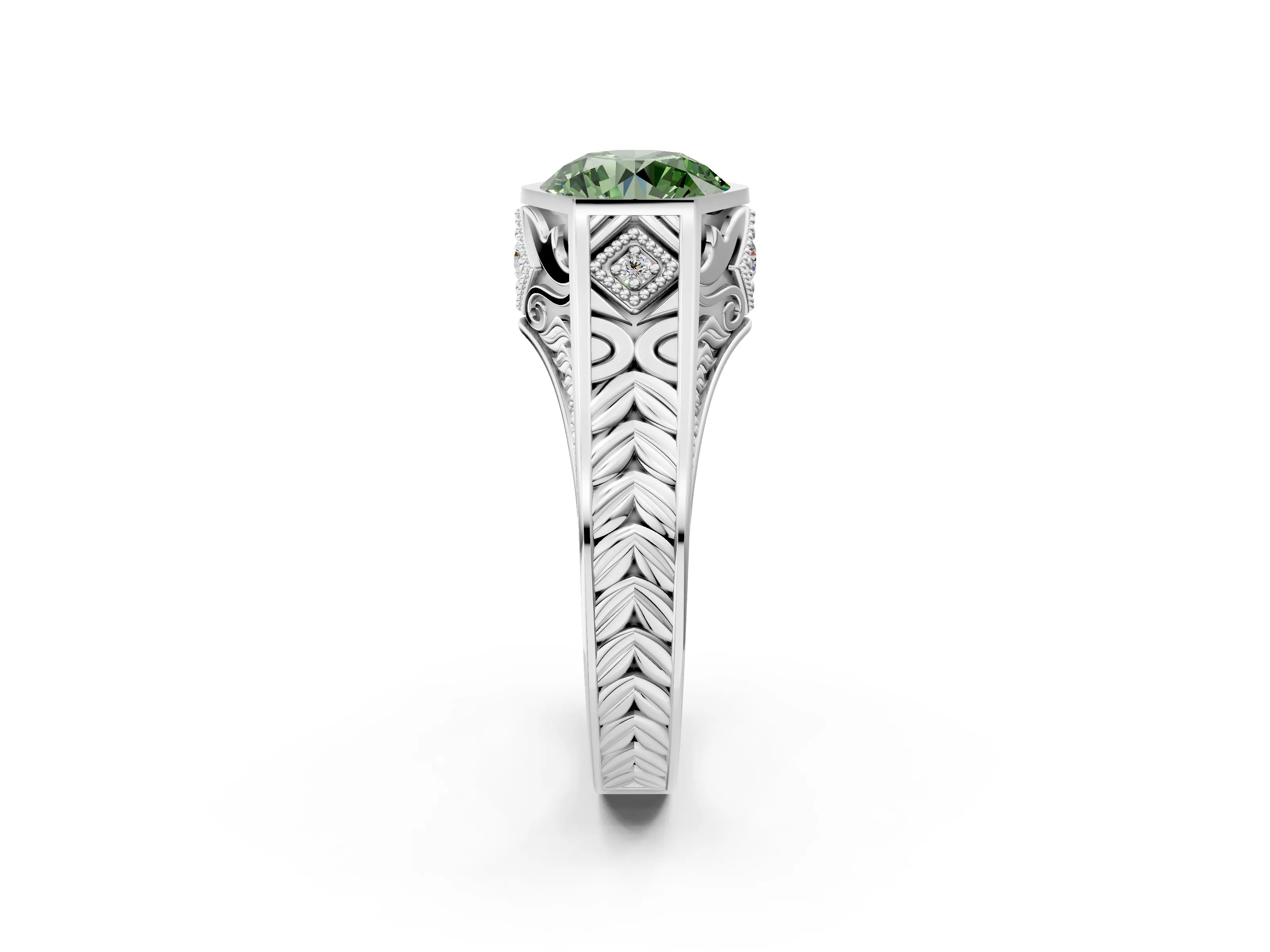 Silver Hexagonal Bezel Fancy Green Round Cut Diamond Engraved Band Prong Ring_14