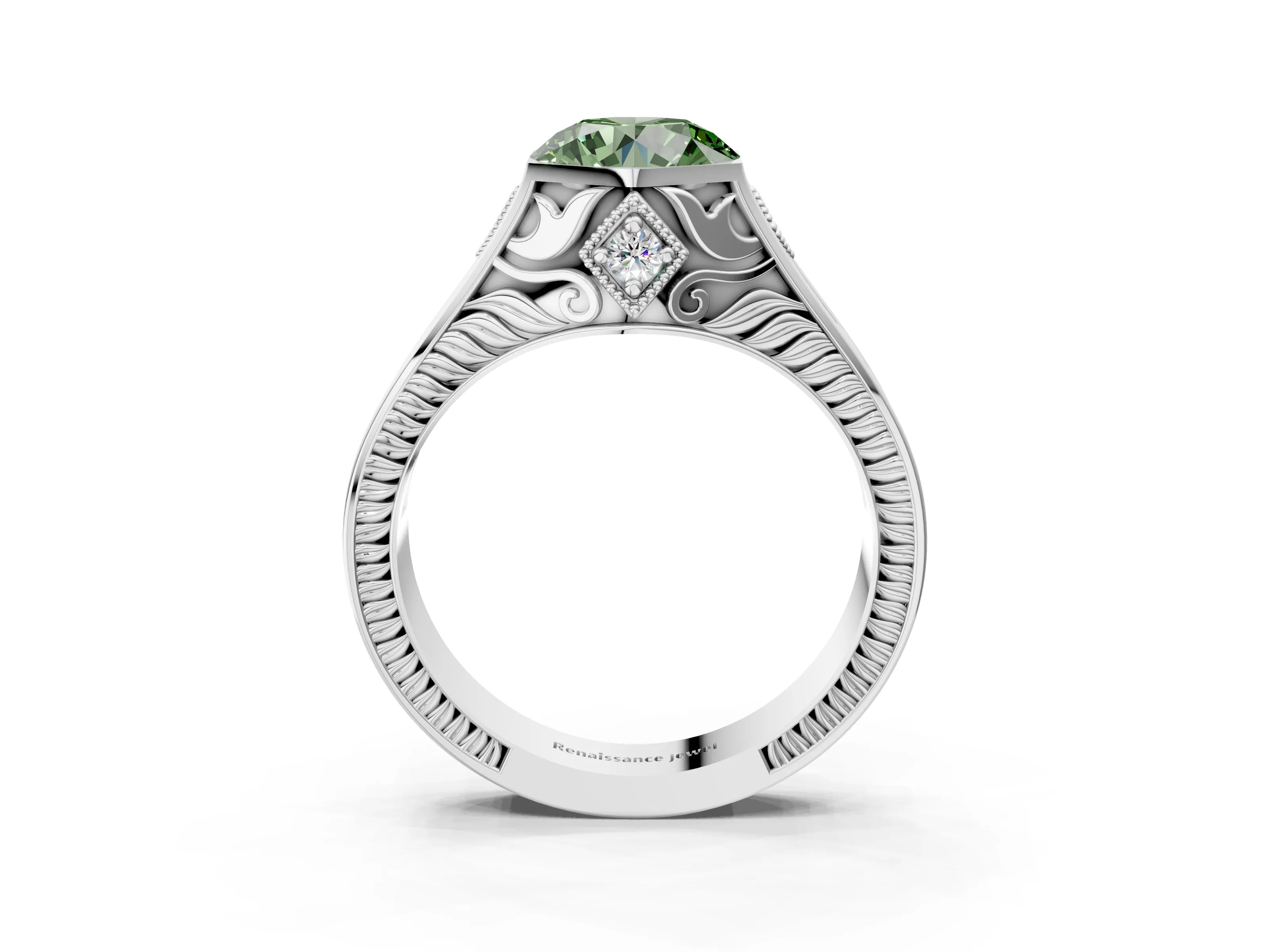 Silver Hexagonal Bezel Fancy Green Round Cut Diamond Engraved Band Prong Ring_15