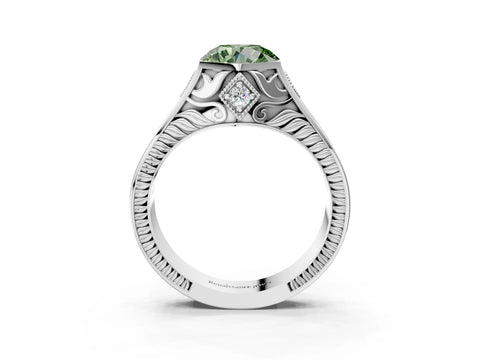 Silver Hexagonal Bezel Fancy Green Round Cut Diamond Engraved Band Prong Ring_15