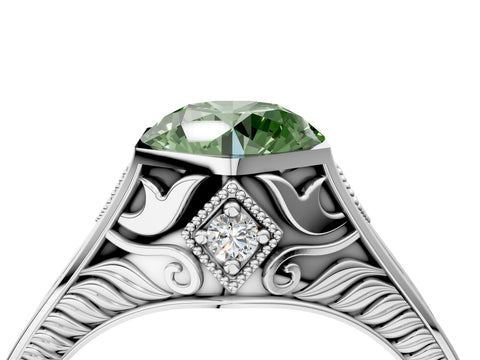 Silver Hexagonal Bezel Fancy Green Round Cut Diamond Engraved Band Prong Ring_16