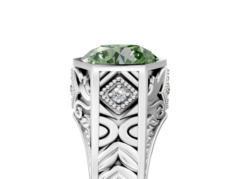 Silver Hexagonal Bezel Fancy Green Round Cut Diamond Engraved Band Prong Ring_17