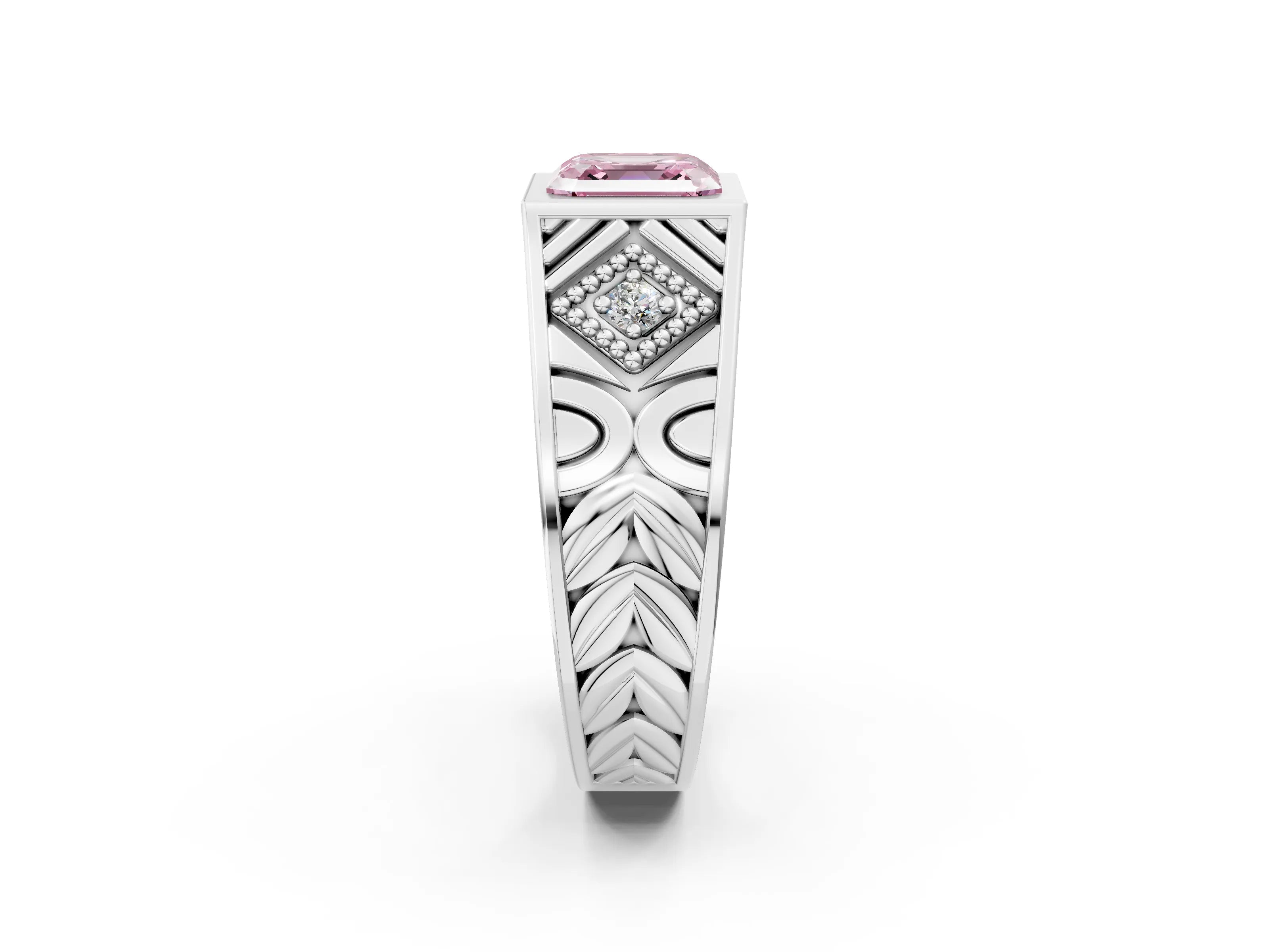 Silver Hexagonal Bezel Fancy Pink Asscher Cut Diamond Engraved Band Prong Ring_14
