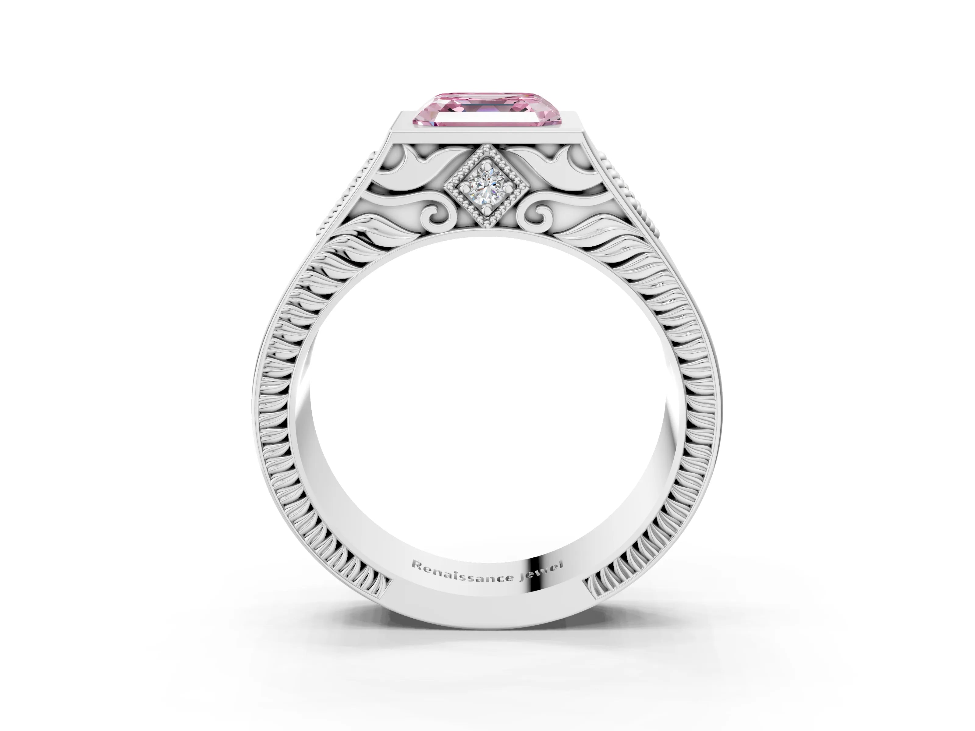 Silver Hexagonal Bezel Fancy Pink Asscher Cut Diamond Engraved Band Prong Ring_15