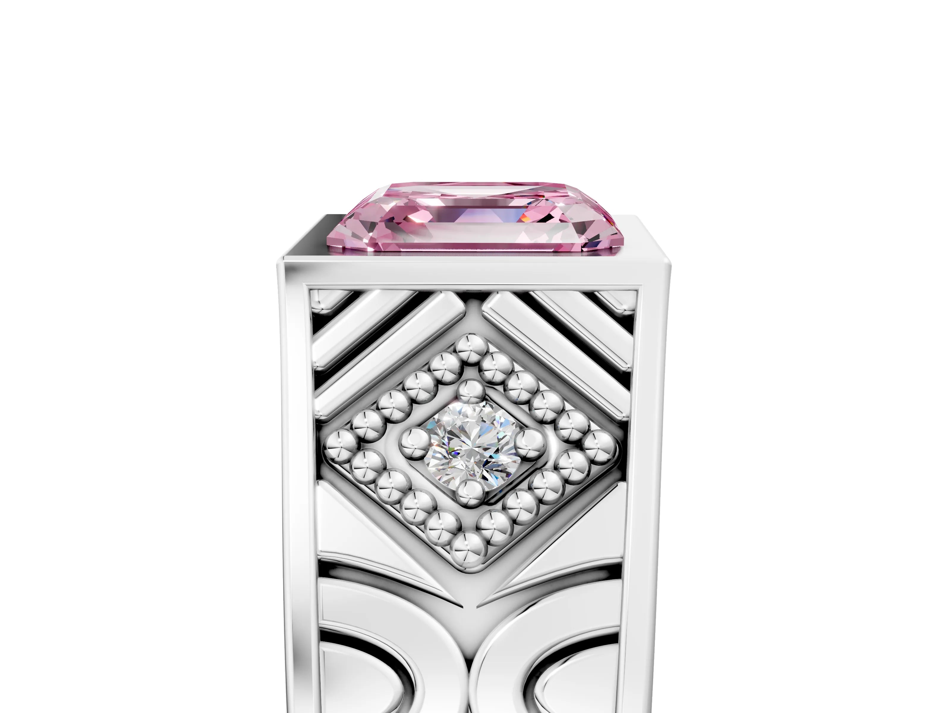 Silver Hexagonal Bezel Fancy Pink Asscher Cut Diamond Engraved Band Prong Ring_17