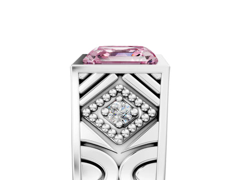 Silver Hexagonal Bezel Fancy Pink Asscher Cut Diamond Engraved Band Prong Ring_17