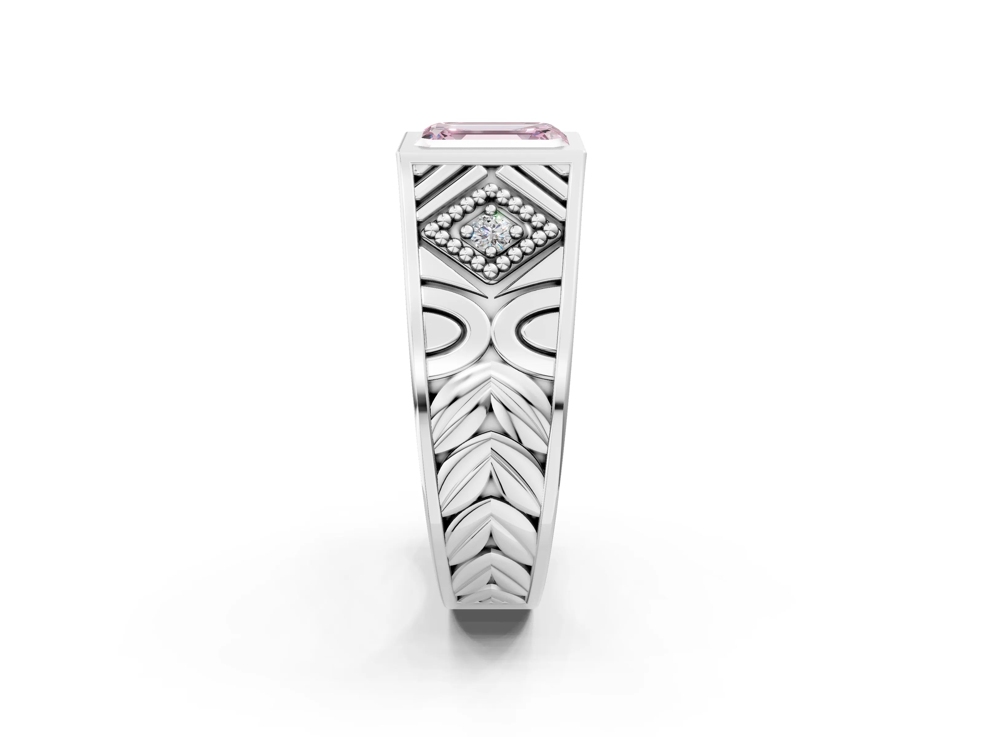 Silver Hexagonal Bezel Fancy Pink Emerald Cut Diamond Engraved Band Prong Ring_32