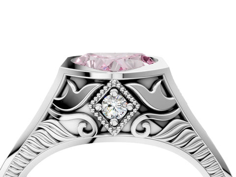 Silver Hexagonal Bezel Fancy Pink Heart Cut Diamond Engraved Band Prong Ring_10