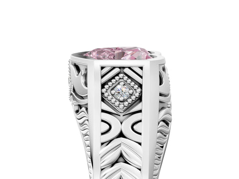 Silver Hexagonal Bezel Fancy Pink Heart Cut Diamond Engraved Band Prong Ring_11