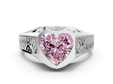 Silver Hexagonal Bezel Fancy Pink Heart Cut Diamond Engraved Band Prong Ring_6