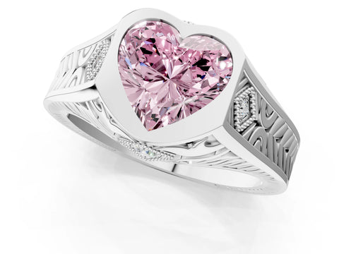 Silver Hexagonal Bezel Fancy Pink Heart Cut Diamond Engraved Band Prong Ring_7