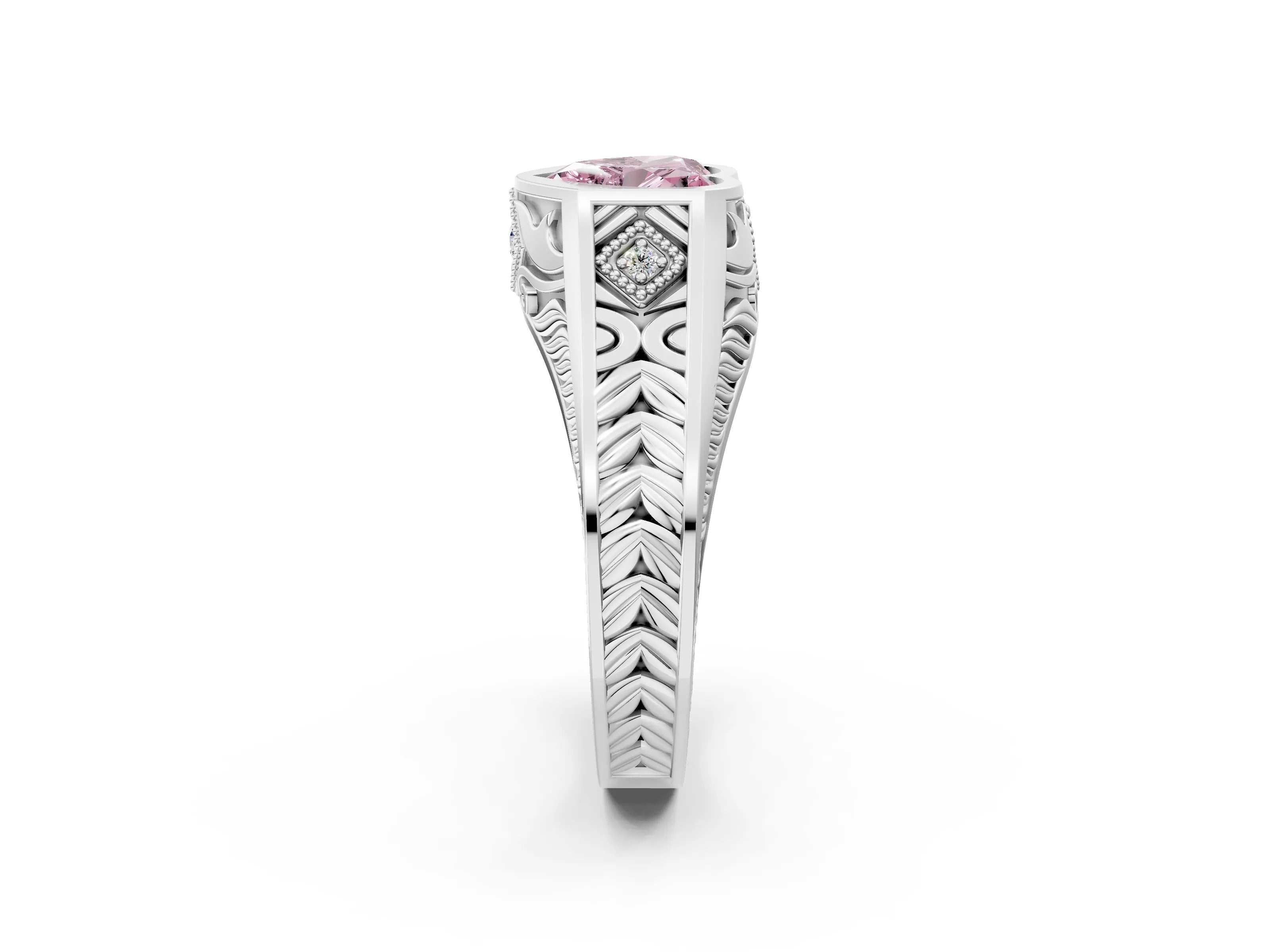 Silver Hexagonal Bezel Fancy Pink Heart Cut Diamond Engraved Band Prong Ring_8