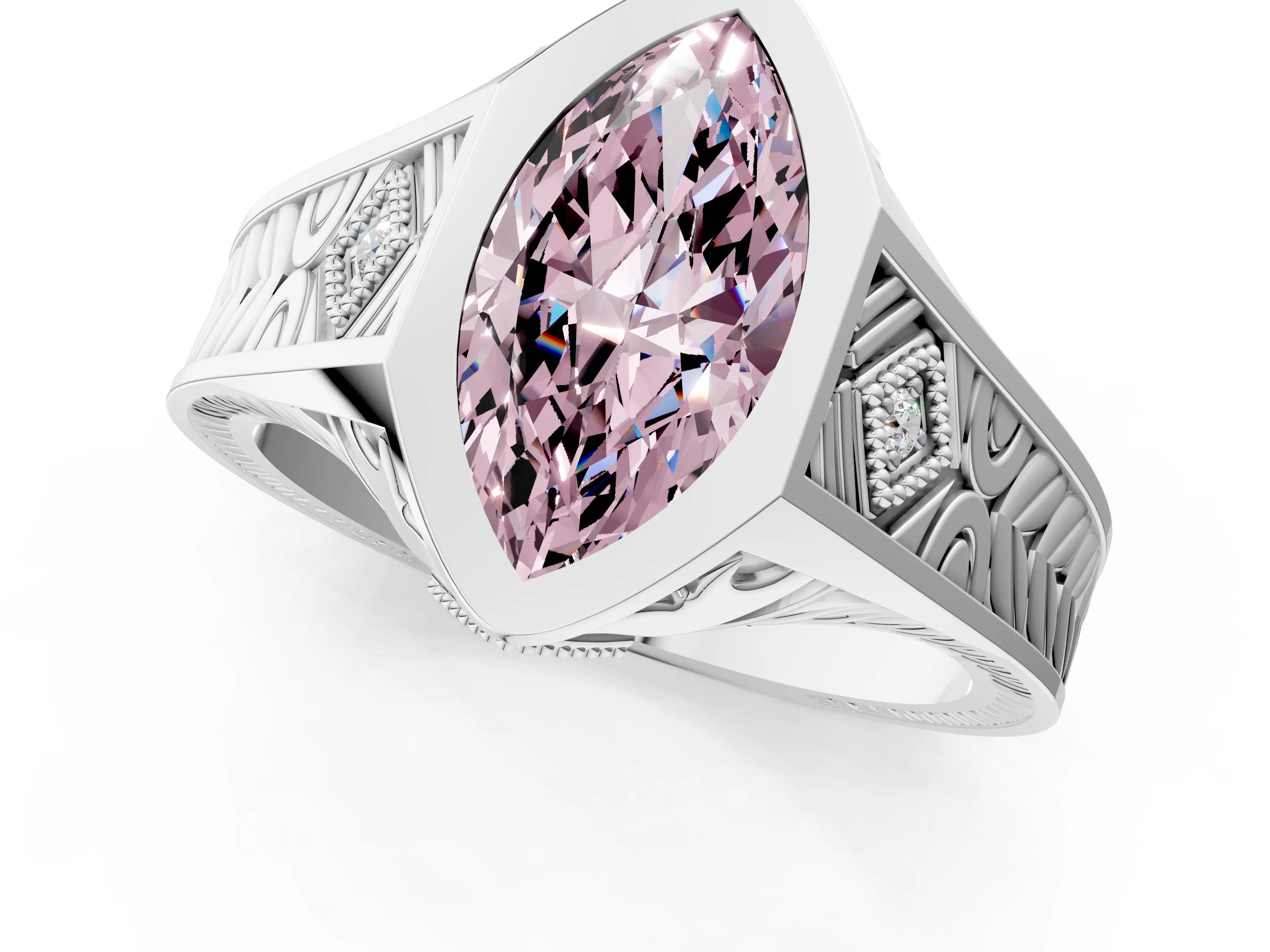 Silver Hexagonal Bezel Fancy Pink Marquise Cut Diamond Engraved Band Prong Ring_37