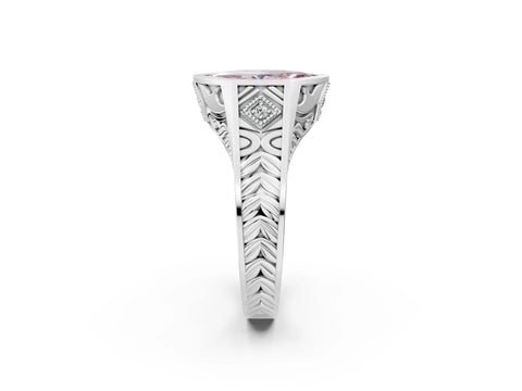 Silver Hexagonal Bezel Fancy Pink Marquise Cut Diamond Engraved Band Prong Ring_38