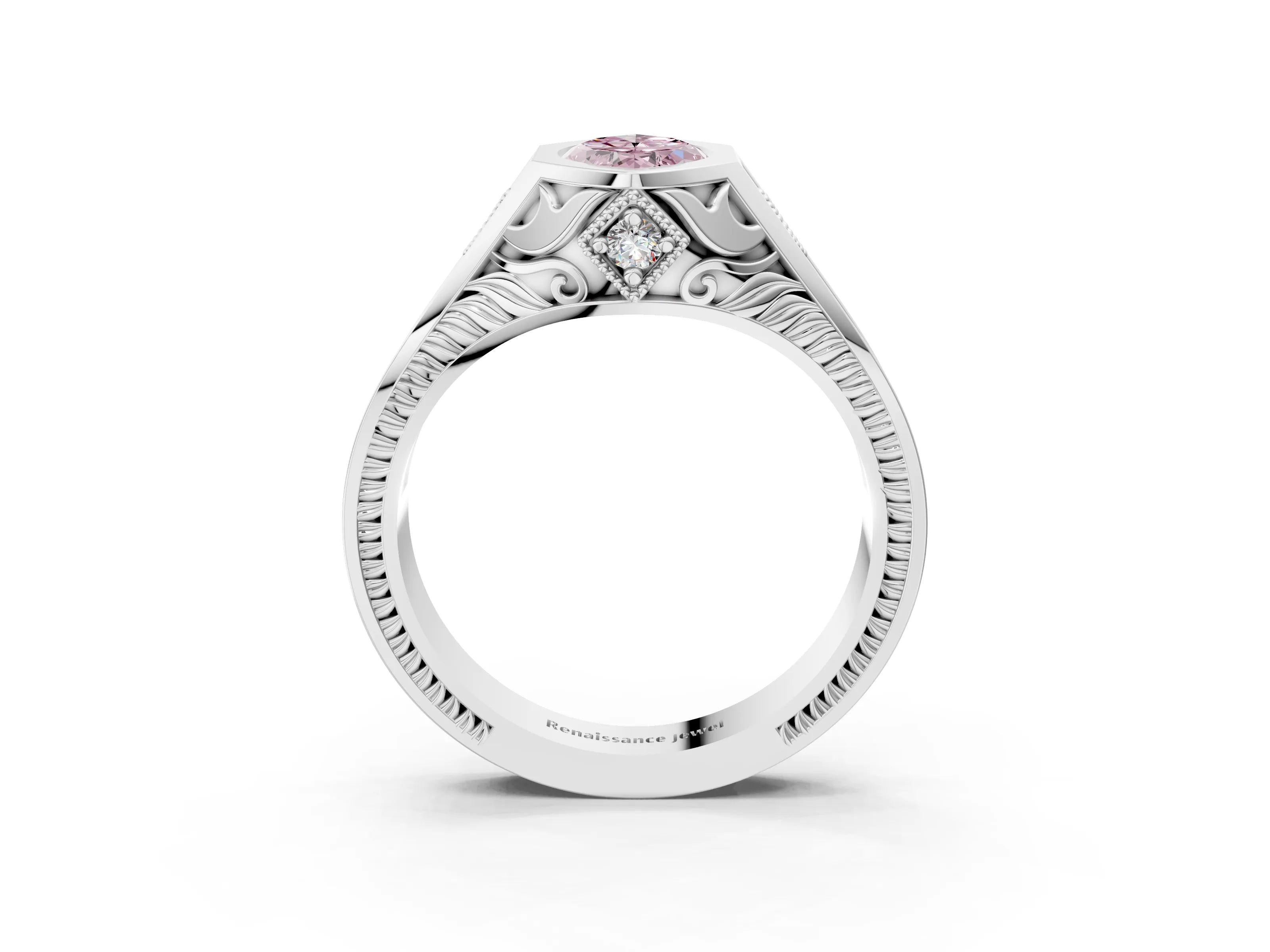 Silver Hexagonal Bezel Fancy Pink Marquise Cut Diamond Engraved Band Prong Ring_39