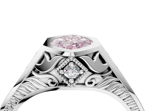 Silver Hexagonal Bezel Fancy Pink Marquise Cut Diamond Engraved Band Prong Ring_40
