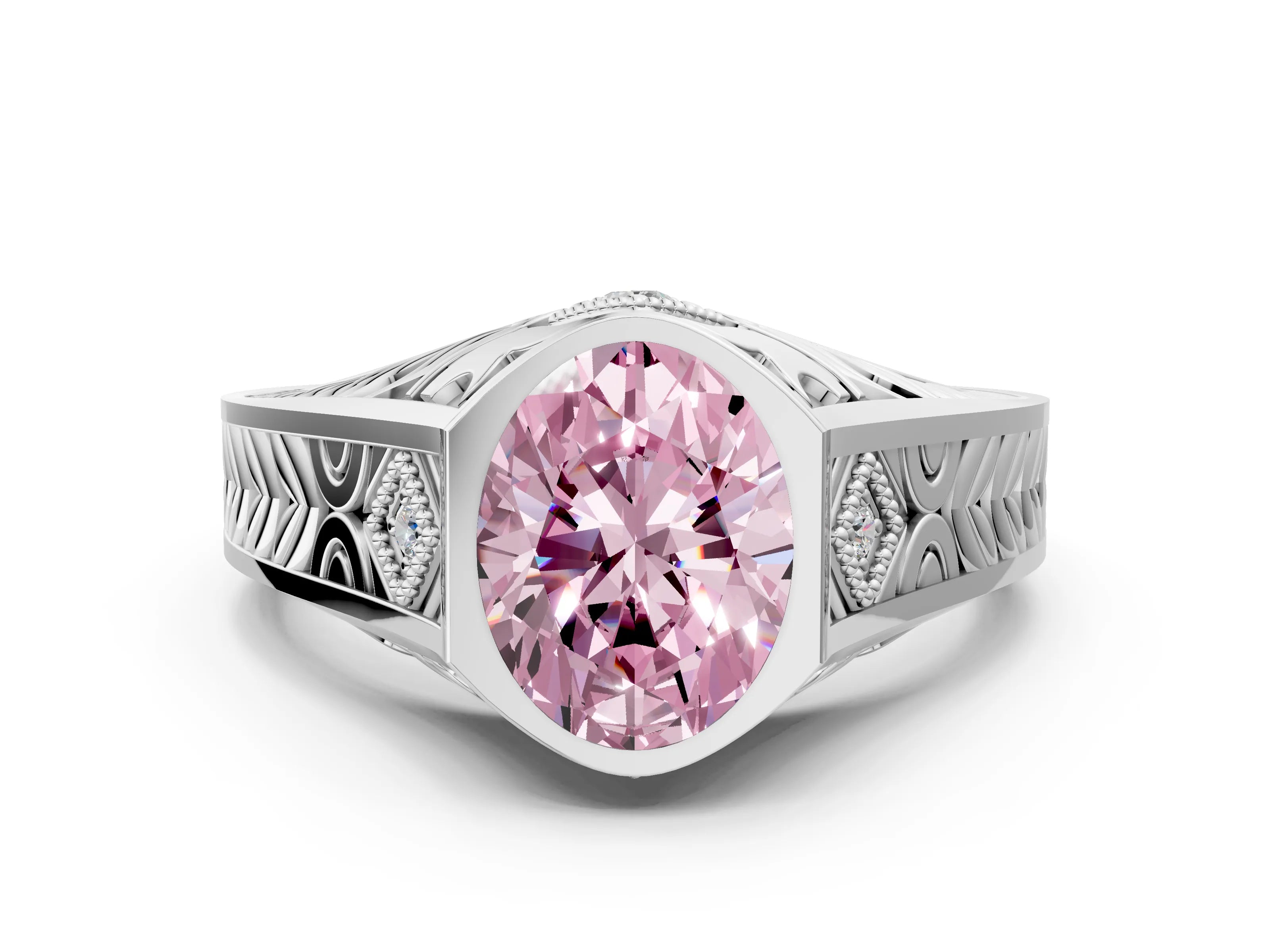 Silver Hexagonal Bezel Fancy Pink Oval Cut Diamond Engraved Band Prong Ring_60