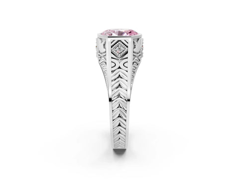 Silver Hexagonal Bezel Fancy Pink Oval Cut Diamond Engraved Band Prong Ring_62