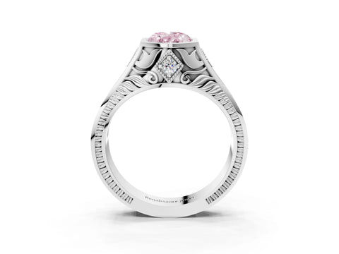 Silver Hexagonal Bezel Fancy Pink Oval Cut Diamond Engraved Band Prong Ring_63