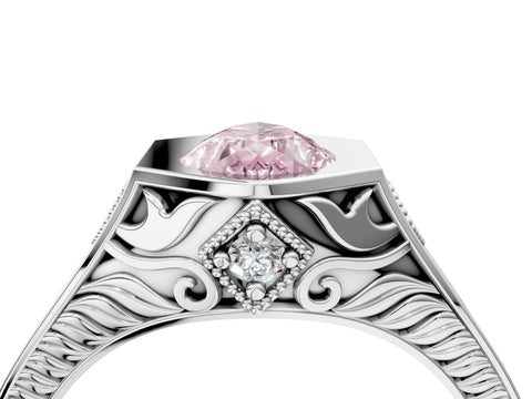 Silver Hexagonal Bezel Fancy Pink Pear Cut Diamond Engraved Band Prong Ring_58