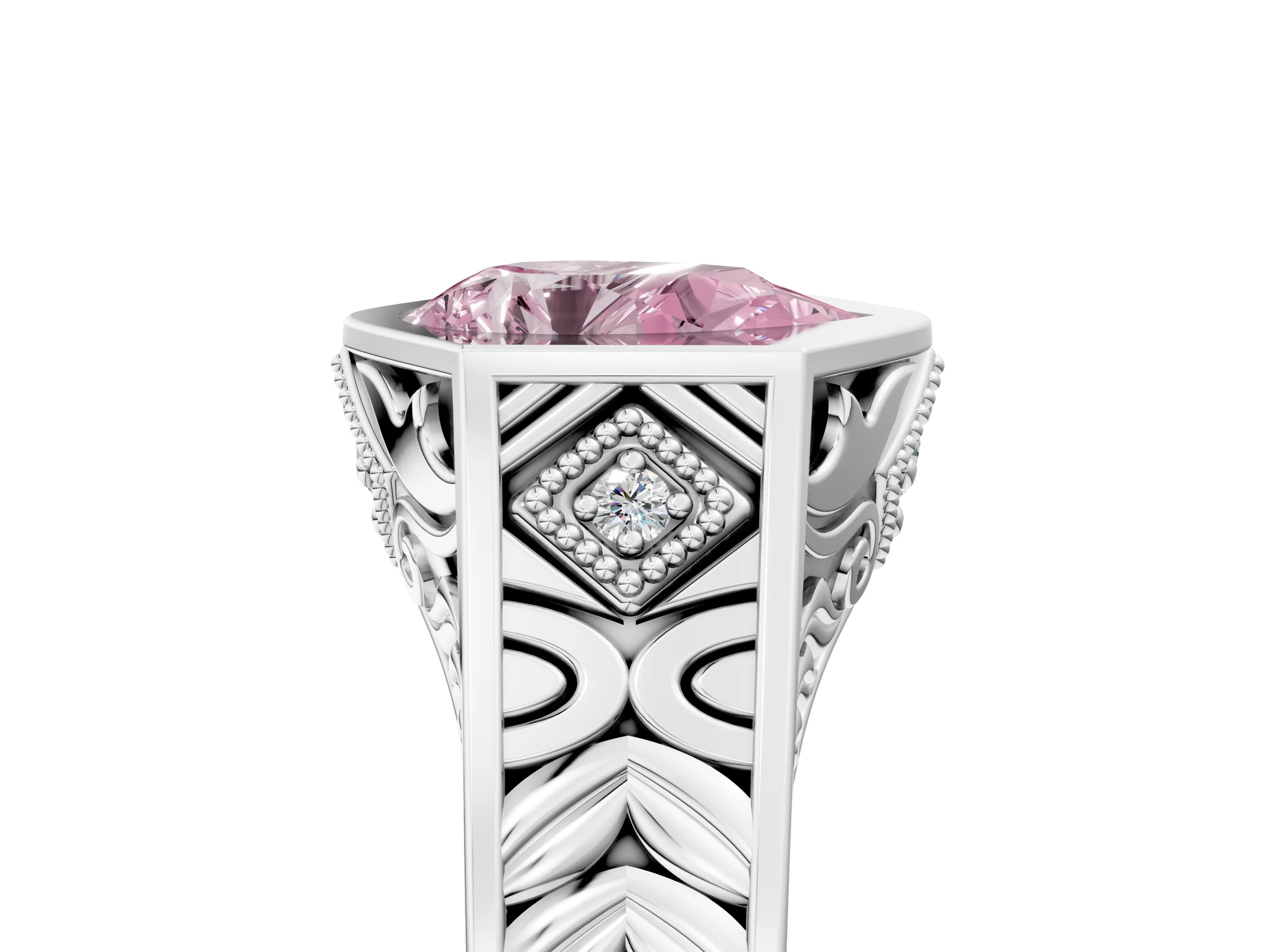 Silver Hexagonal Bezel Fancy Pink Pear Cut Diamond Engraved Band Prong Ring_59