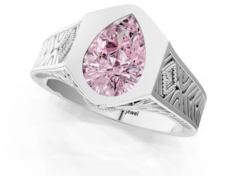 Silver Hexagonal Bezel Fancy Pink Pear Cut Diamond Engraved Band Prong Ring_79
