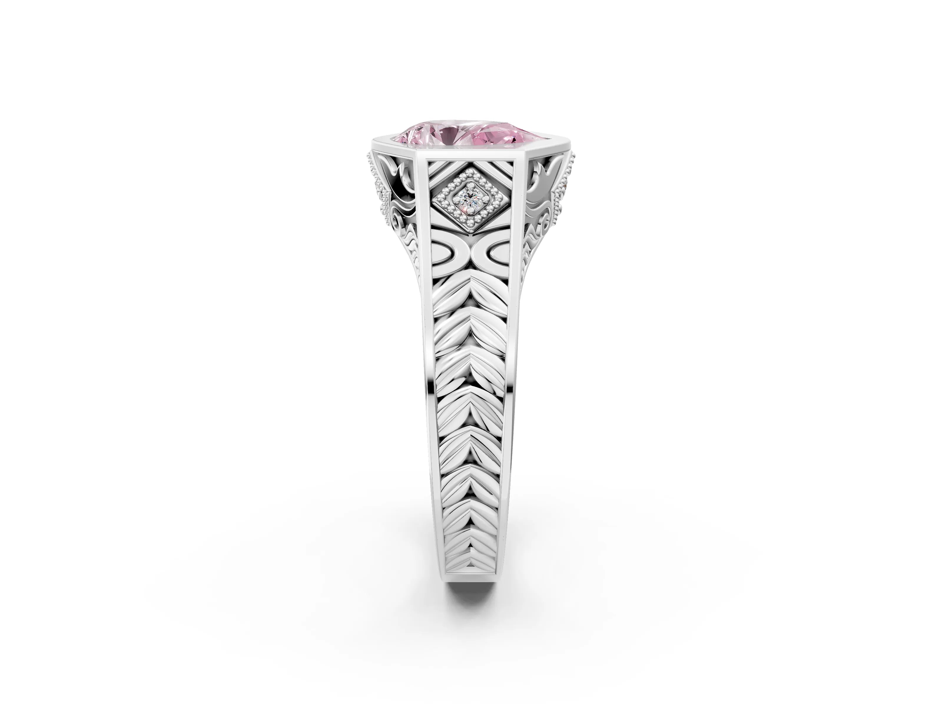 Silver Hexagonal Bezel Fancy Pink Pear Cut Diamond Engraved Band Prong Ring_80
