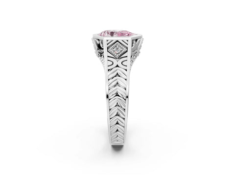Silver Hexagonal Bezel Fancy Pink Pear Cut Diamond Engraved Band Prong Ring_80