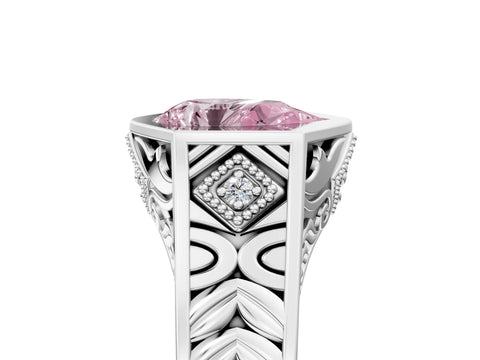 Silver Hexagonal Bezel Fancy Pink Pear Cut Diamond Engraved Band Prong Ring_83