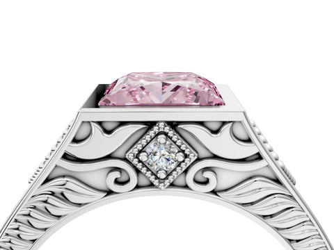 Silver Hexagonal Bezel Fancy Pink Princess Cut Diamond Engraved Band Prong Ring_10