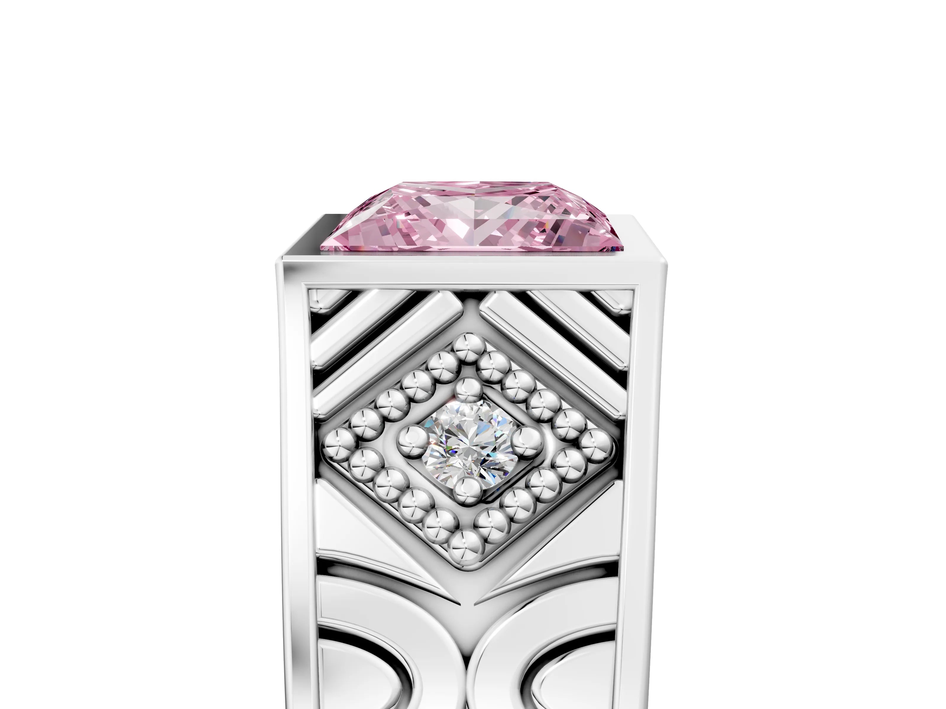 Silver Hexagonal Bezel Fancy Pink Princess Cut Diamond Engraved Band Prong Ring_11