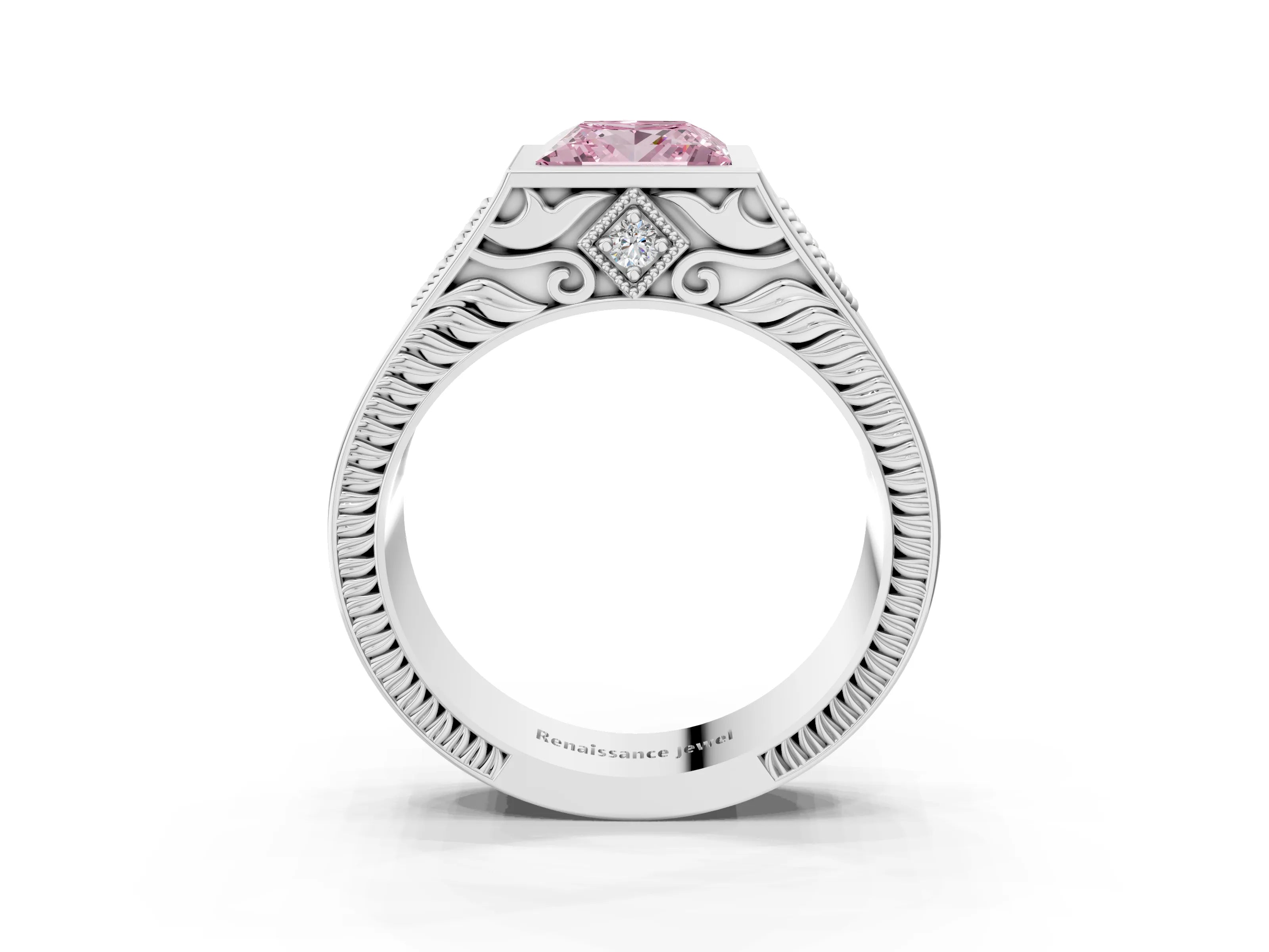 Silver Hexagonal Bezel Fancy Pink Princess Cut Diamond Engraved Band Prong Ring_9