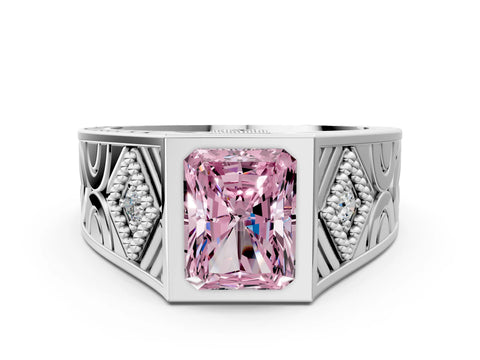 Silver Hexagonal Bezel Fancy Pink Radiant Cut Diamond Engraved Band Prong Ring_12