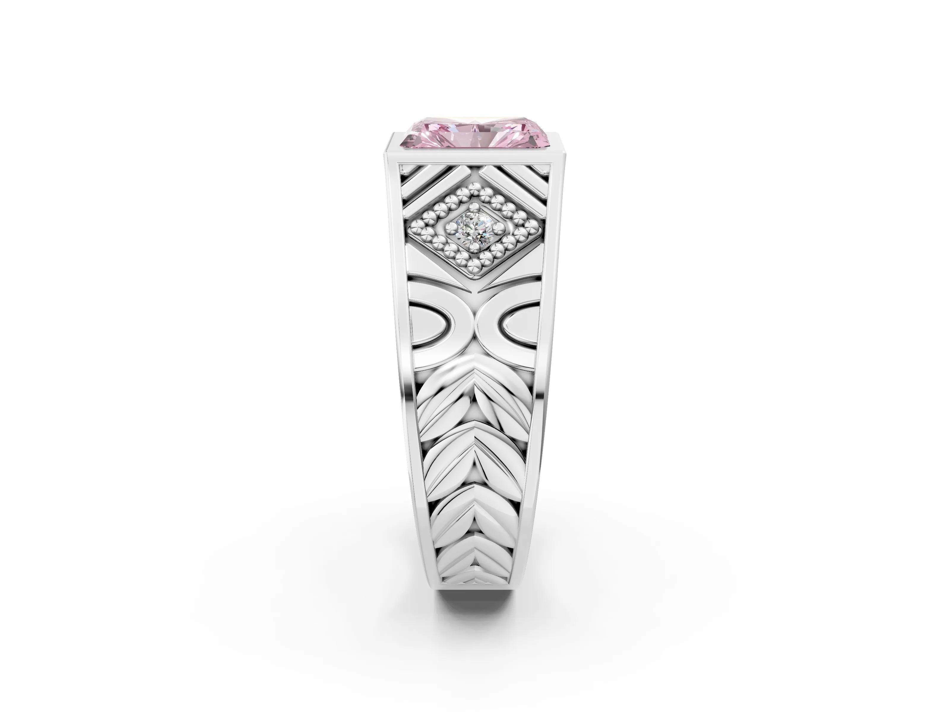 Silver Hexagonal Bezel Fancy Pink Radiant Cut Diamond Engraved Band Prong Ring_14