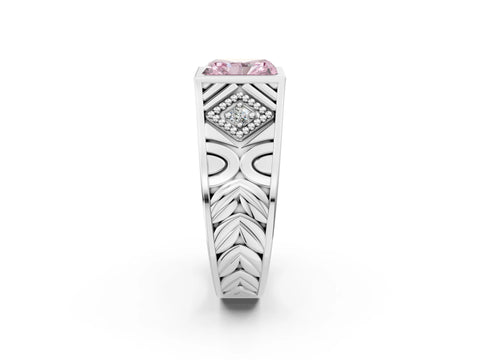 Silver Hexagonal Bezel Fancy Pink Radiant Cut Diamond Engraved Band Prong Ring_14