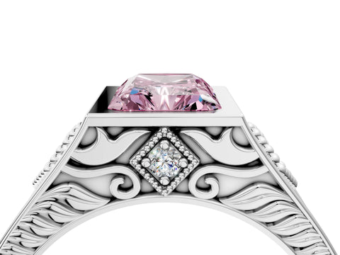 Silver Hexagonal Bezel Fancy Pink Radiant Cut Diamond Engraved Band Prong Ring_16