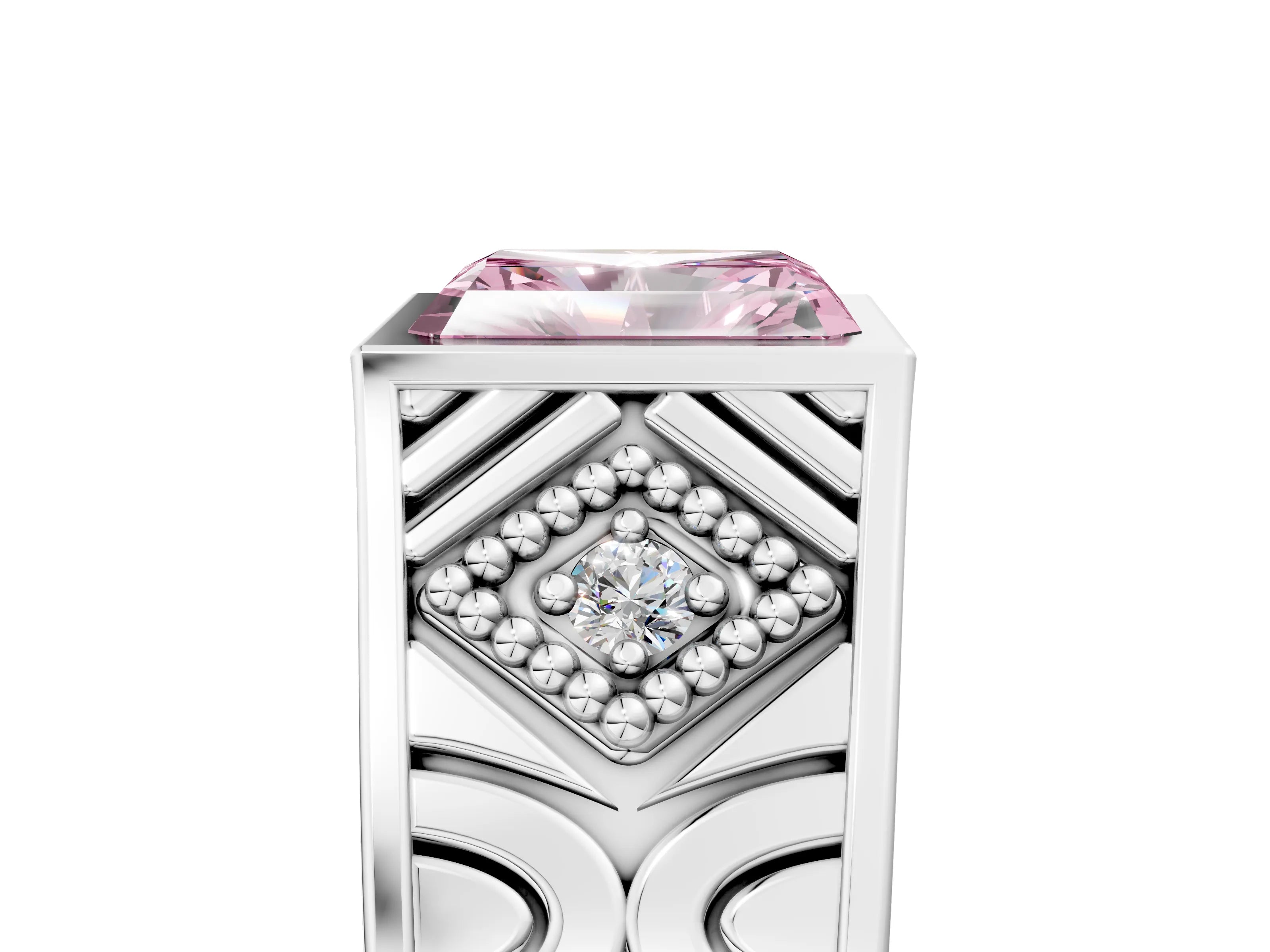 Silver Hexagonal Bezel Fancy Pink Radiant Cut Diamond Engraved Band Prong Ring_17