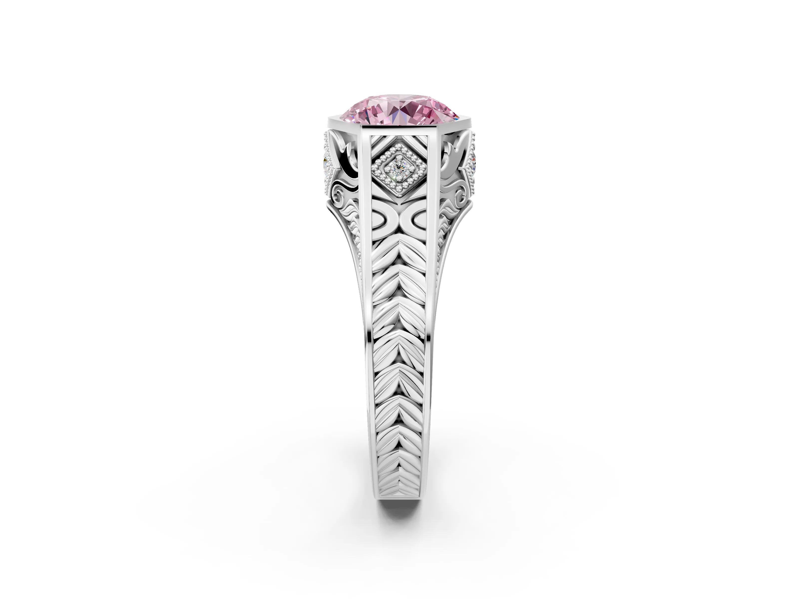 Silver Hexagonal Bezel Fancy Pink Round Cut Diamond Engraved Band Prong Ring_55