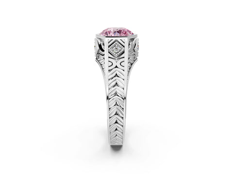 Silver Hexagonal Bezel Fancy Pink Round Cut Diamond Engraved Band Prong Ring_55