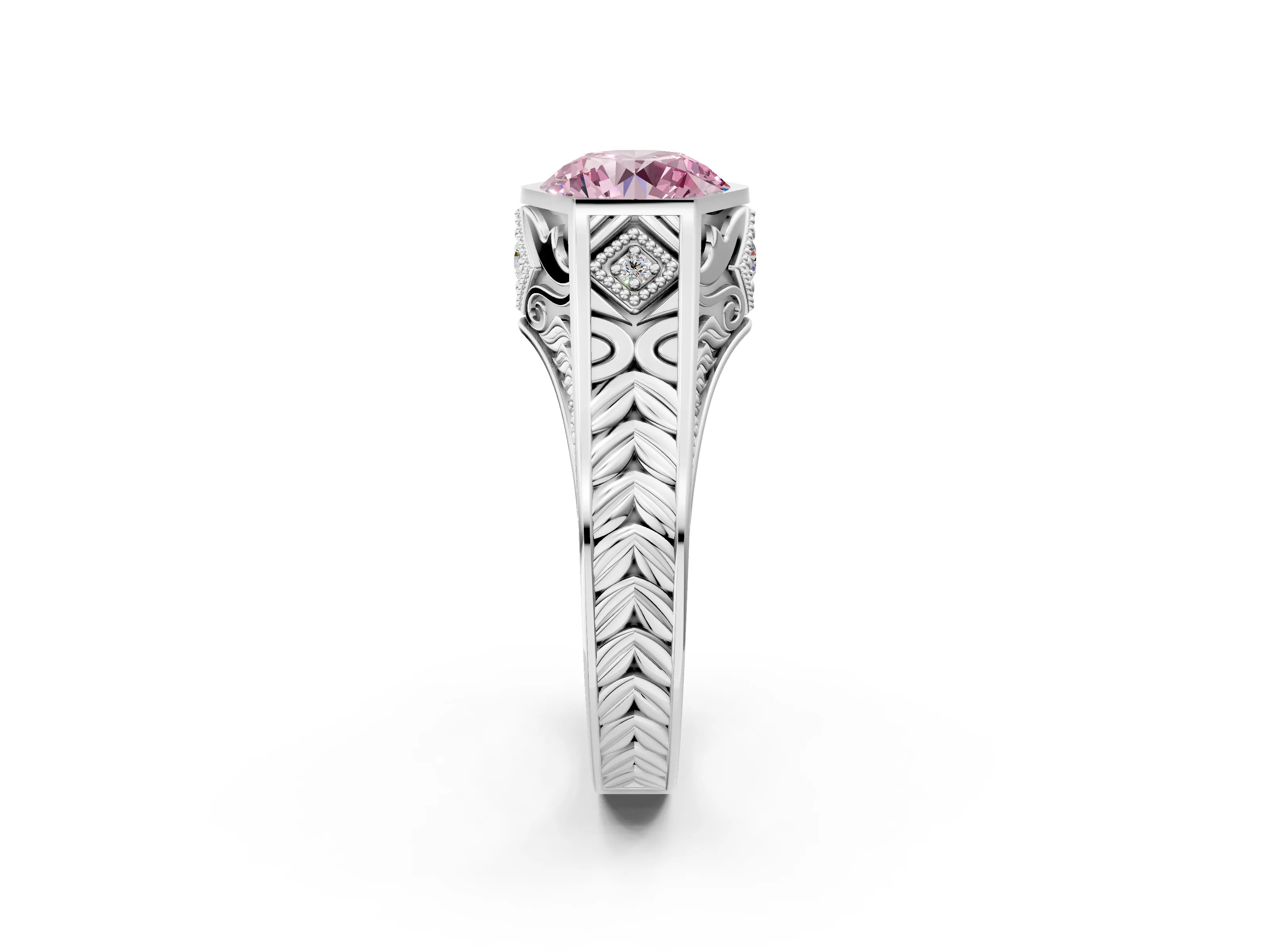 Silver Hexagonal Bezel Fancy Pink Round Cut Diamond Engraved Band Prong Ring_69