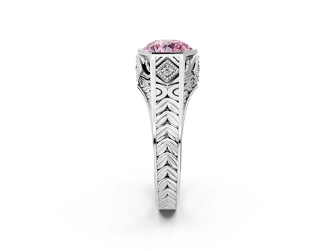 Silver Hexagonal Bezel Fancy Pink Round Cut Diamond Engraved Band Prong Ring_69